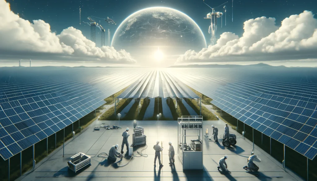 Futuristische Darstellung einer riesigen Solaranlage vor einer strahlenden Sonne, mit Arbeitern, die an der Wartung der Panels arbeiten, und einer hochmodernen Stadt und einem Erdsphären-Hologramm im Hintergrund.